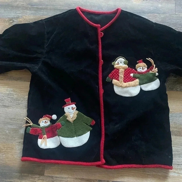 Vintage Holiday Christmas Sweater Women’s One Size Snowmen Jacket Velvet - Picture 1 of 7